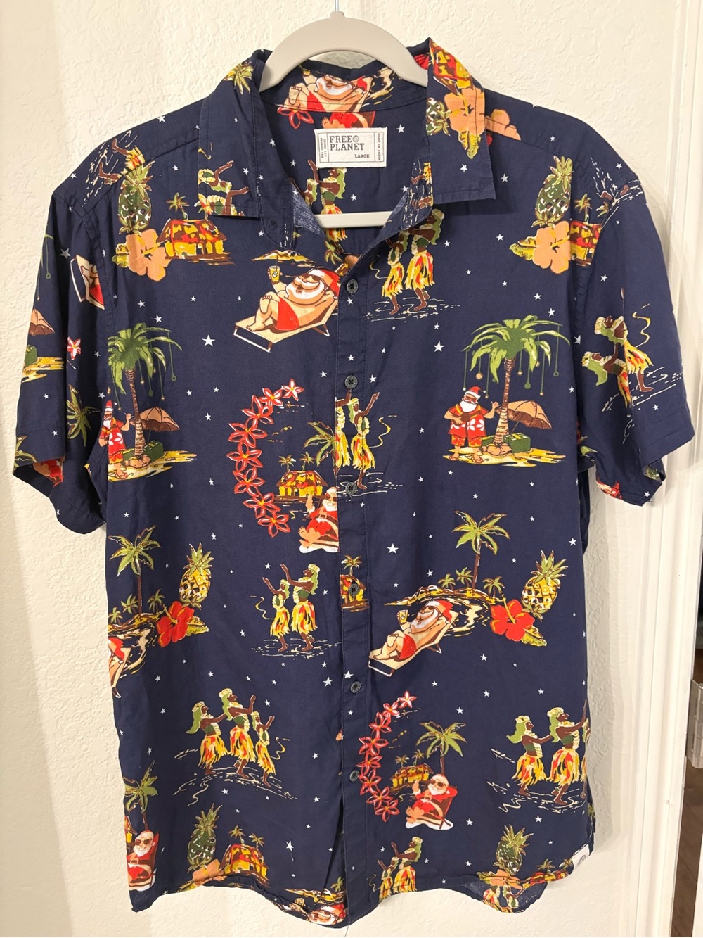 Free Planet Navy Christmas Tropical Santa Hawaiian Button-Down Shirt Large